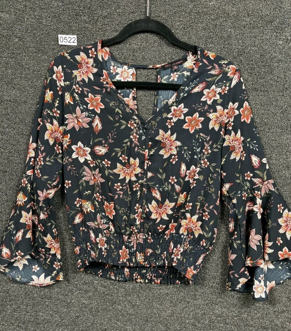 Kaii Los Angeles Floral Print Blouse Womens Size M Black V-Neck Flared Sleeve